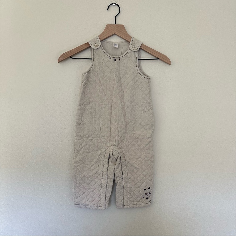 VINTAGE GAP Baby 18-24 Month Quilted Corduroy Cream Overalls Embroidered Flower‎